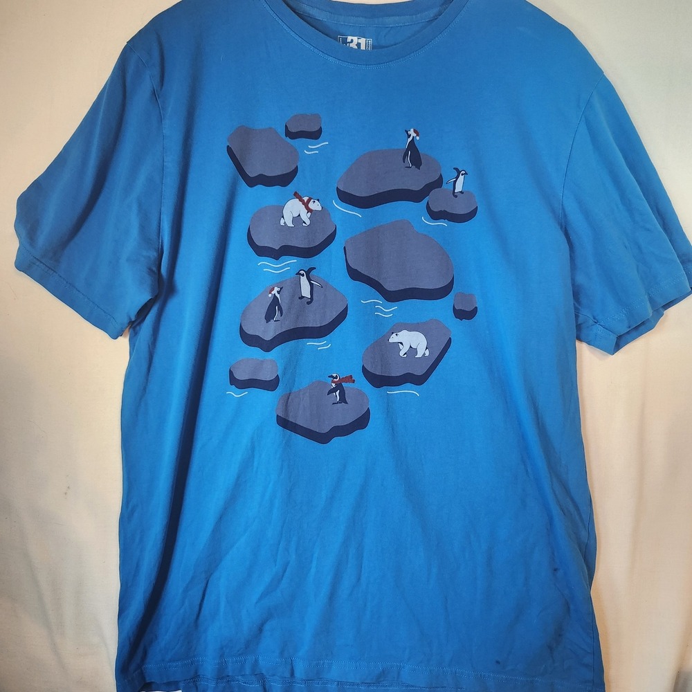 Le 31 Simons Mens Blue Organic Cotton Polar Bear Penguin Graphic T-Shirt XL